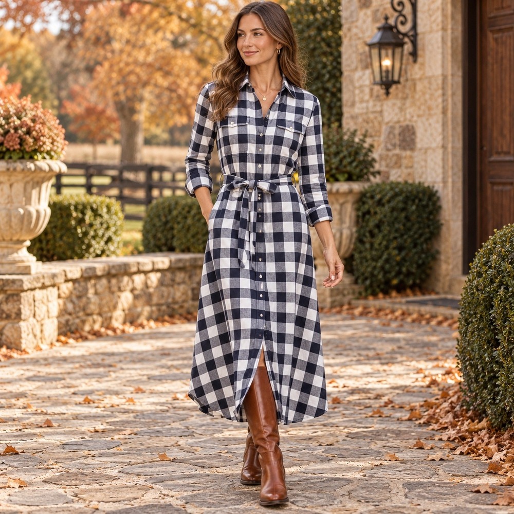 Lauren Ralph Lauren Buffalo Plaid Cotton Shirt Dress Black White 6 Preppy Midi